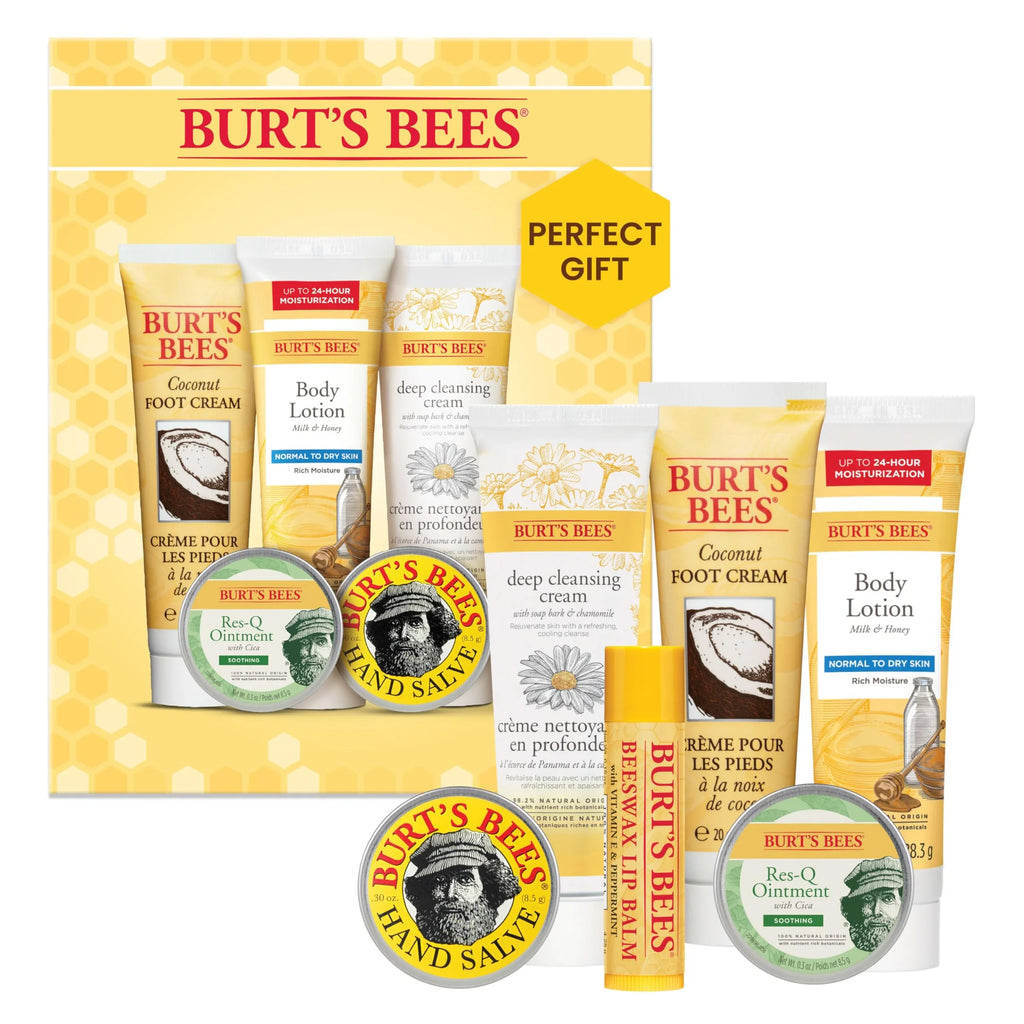 Burt's Bees Timeless Minis Kit with Coconut Foot Cream, Milk & Honey Body Lotion, Soap Bark & Chamomile Deep Cleansing Cream, Res-Q Ointment, Hand Salve and Beeswax Lip Balm