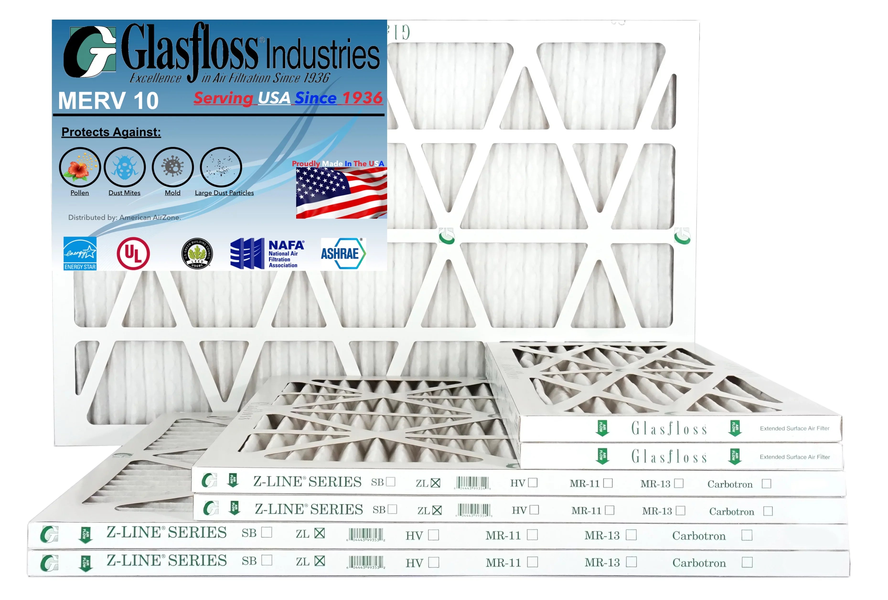 Glasfloss Air Filter 15x20x2 - 2" MERV 10 - (Pack of 6) - Pleated AC or HVAC Air Filter - Furnace Air Filter - Home or Office - Made In The USA.