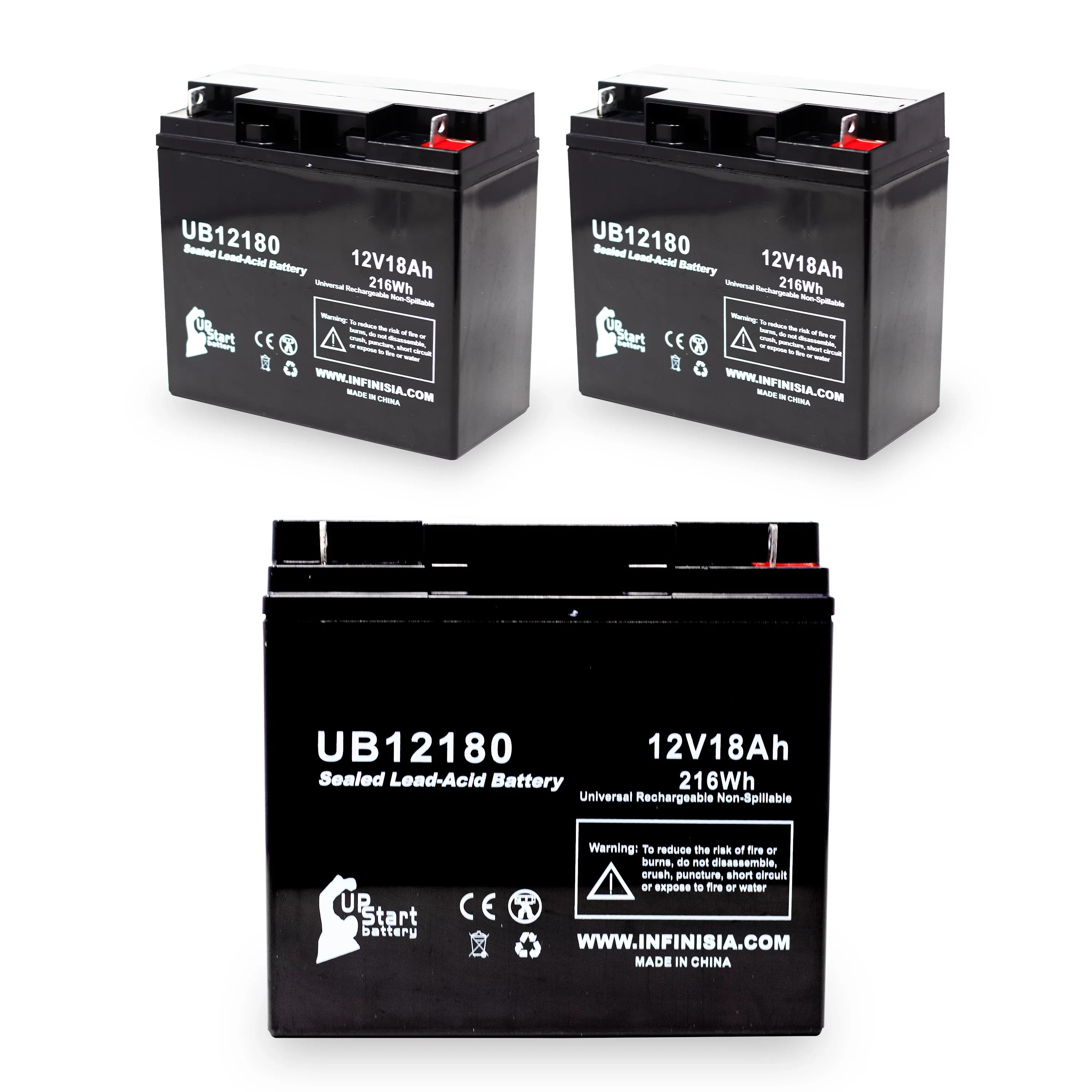 3x Pack - Compatible DATASCOPE 14600003401 Battery - Replacement UB12180 Universal Sealed Lead Acid Battery (12V, 18Ah, 18000mAh, T4 Terminal, AGM, SLA)