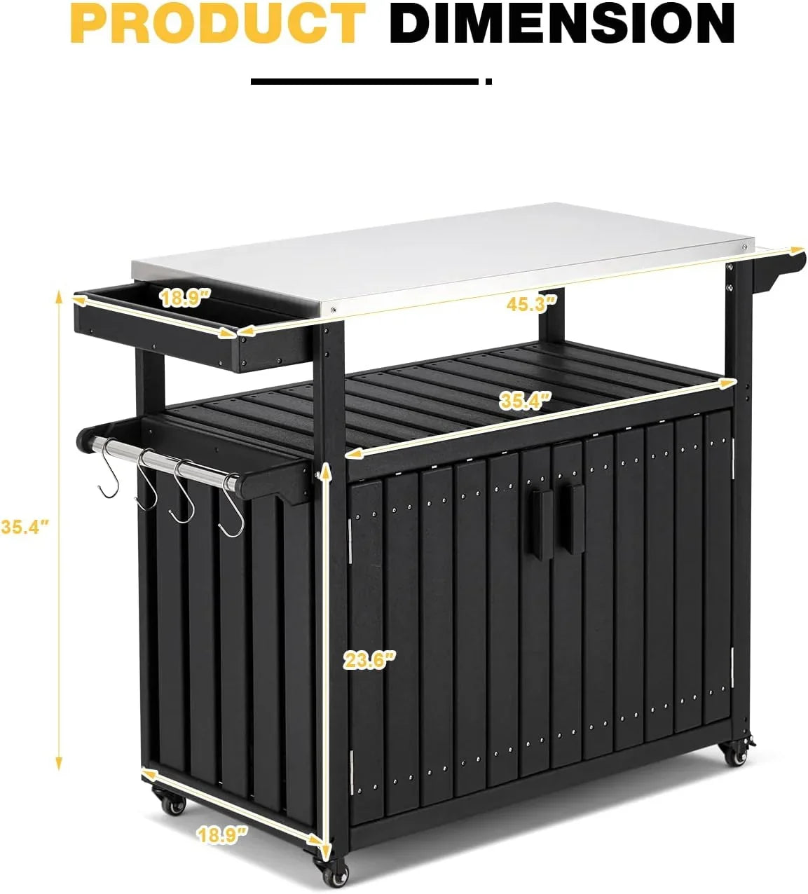 Kitchen Cart, HDPE Kitchen Island With Stainless Steel Top And Storage Cabinet, Rolling Island Table With Hooks, Spice Rack, Towel Rack, Black