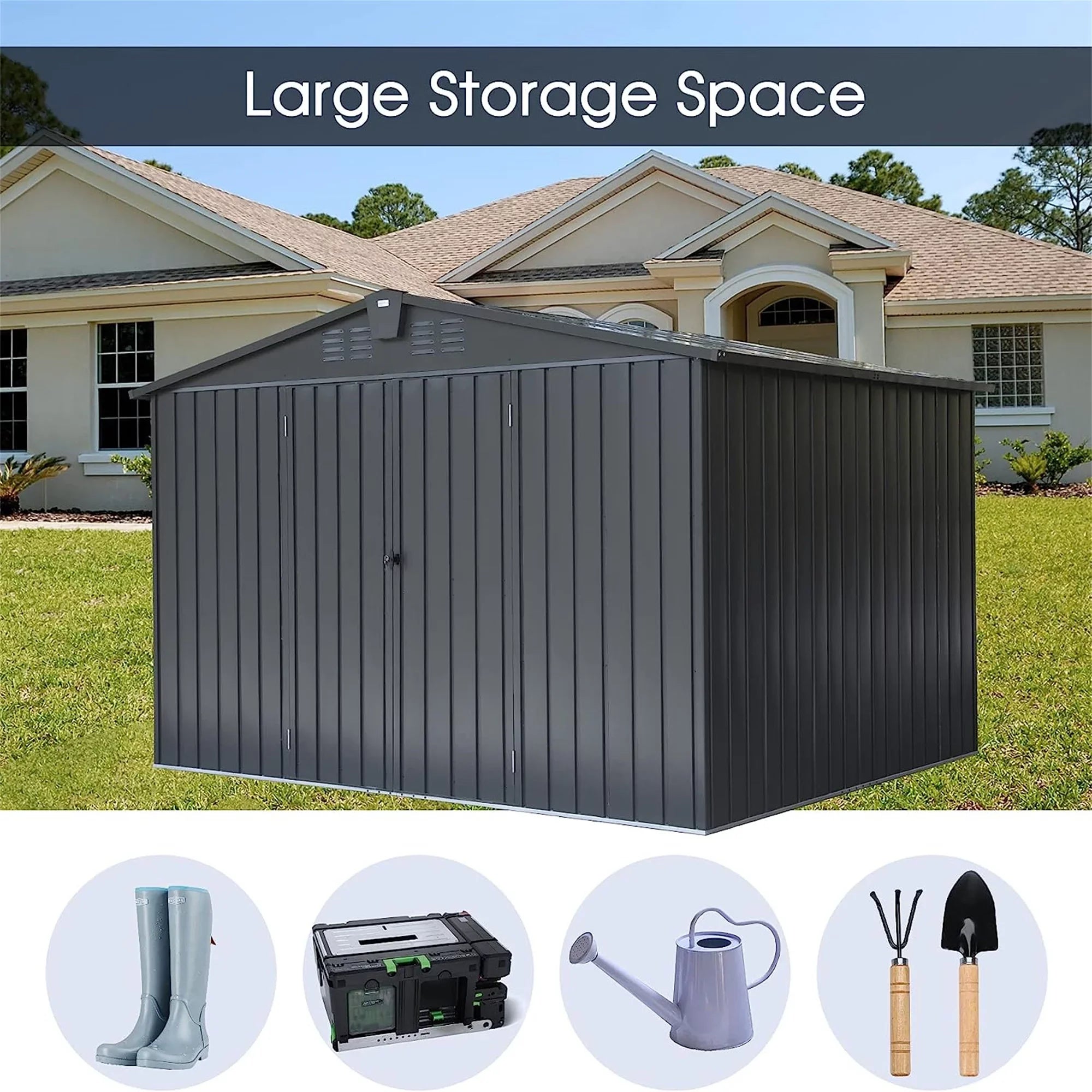 Homiyad Outdoor Storage Shed 10'X 8', Metal Garden Shed for Bike, Trash Can, Tools, Galvanized Steel Outdoor Storage Cabinet with Lockable Door for Backyard, Patio, Lawn (10X8ft, Black)