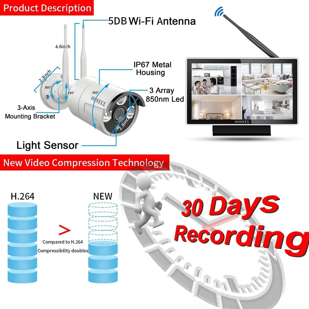 【8CH Expandable·Audio】 All in One Monitor Wireless Security Camera System,Home Surveillance Video Camera Kits with 10" HD Monitor Outdoor/Indoor CCTV WiFi Cameras,1TB HDD, Fluid View