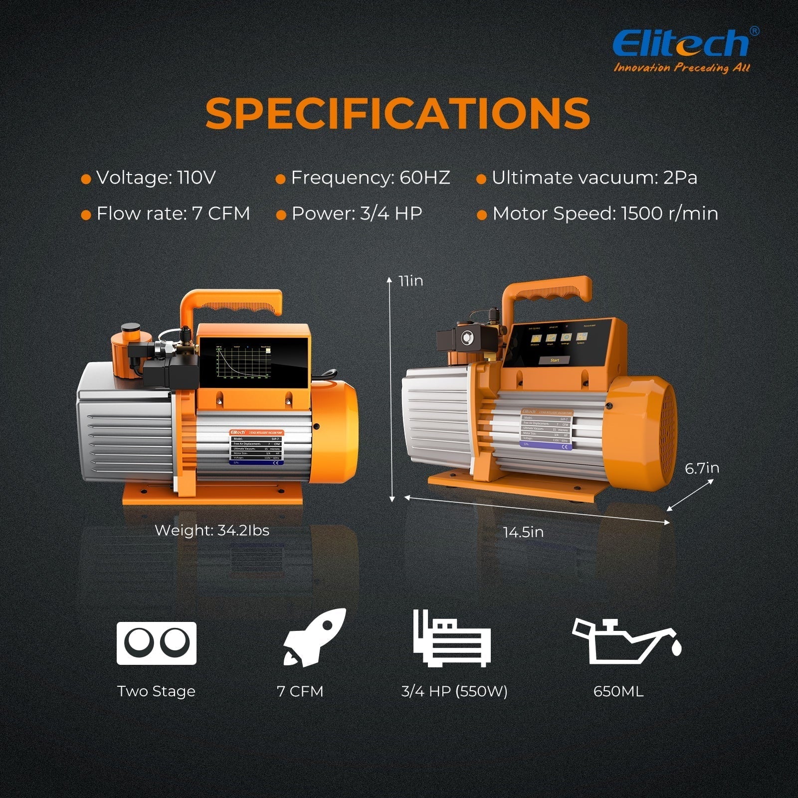 Elitech Chipset HVAC Vacuum Pump 7 CFM 2 Stage Vacuum Gauge App Control, SVP-7