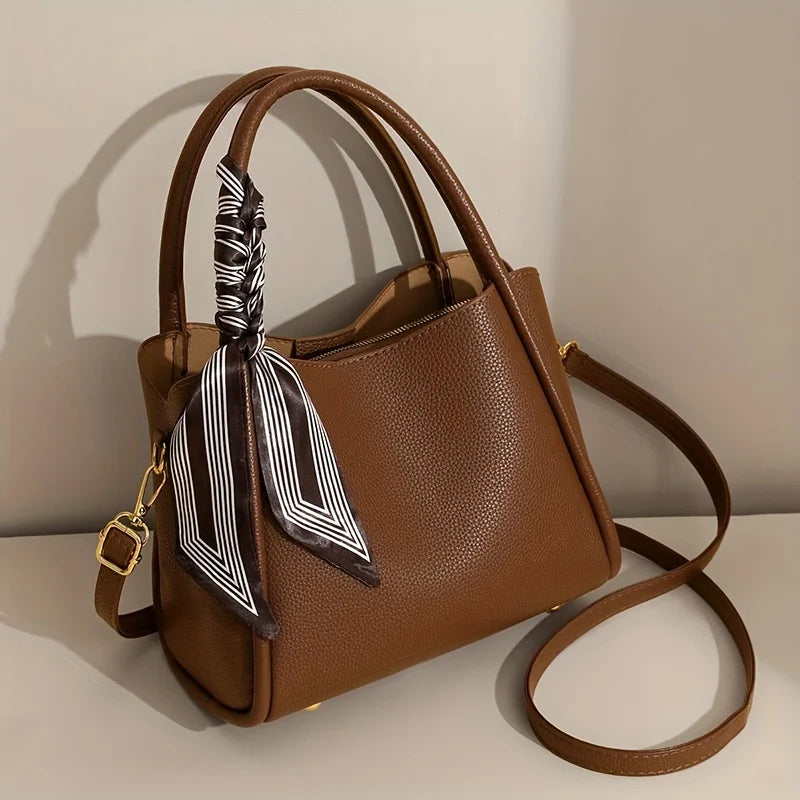 moocr Handbag With Scarf Accent PU Leather Elegant Shoulder Bag With Dual Handles For Daily Use Luxury Solid Color Crossbody Purse