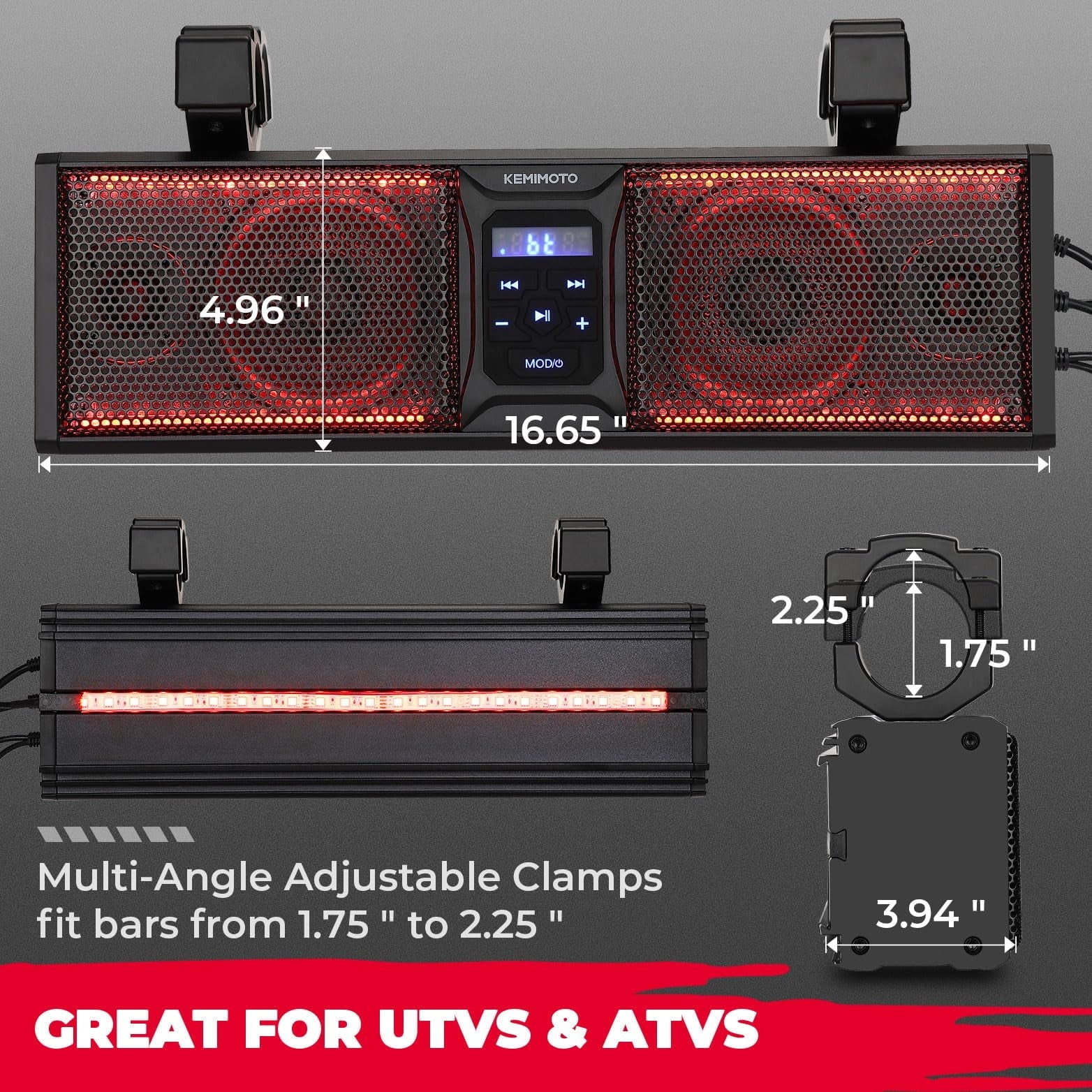 kemimoto UTV Sound Bar 16 Inch ATV SoundBar UTV Sound System SXS Speakers Liquid Bluetooth Connectivity with Multicolor LED Lighting Compatible with Polaris RZR Ranger Can-Am Defender Maverick