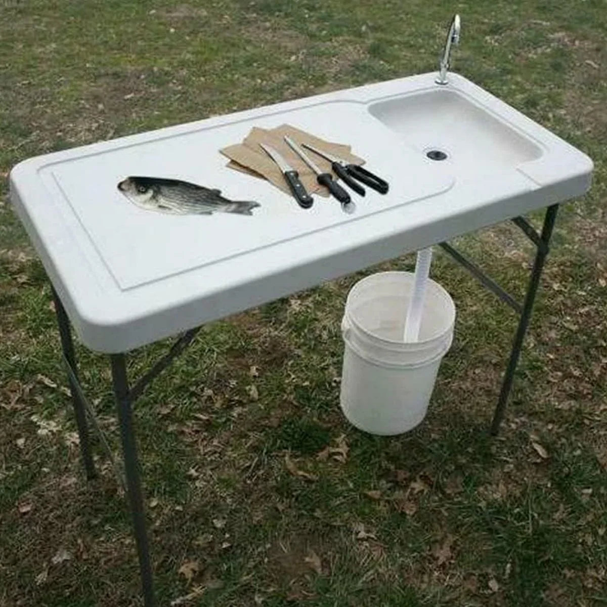 Portable Folding Fish Table, Folding Fish Cleaning Table with Sink & Faucet, Outdoor Folding Camping Sink Table for Picnic Garden Kitchen Camping