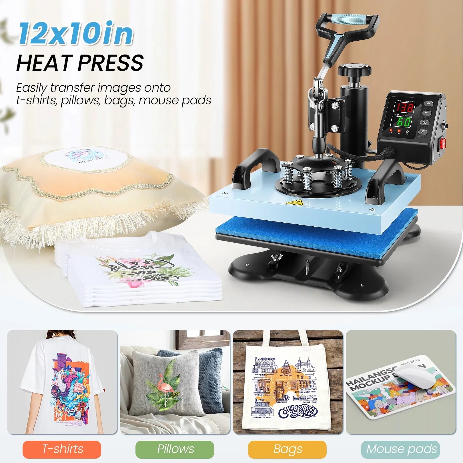 Qhomic 12x10in Heat Press Machine Digital Precise LCD Control Printing Sublimation, Heat Transfer Machine with 360 Degree Swivel Away Printing Transfer for DIY T-shirts, Tote Bags, Mats