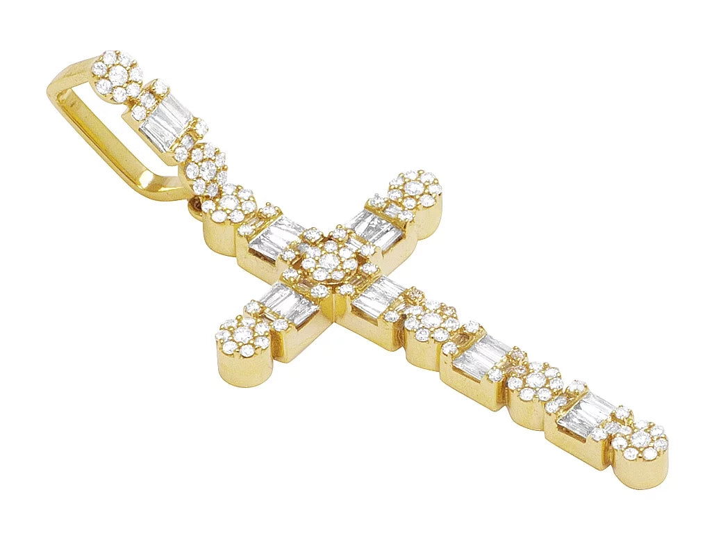 Unisex 10K Yellow Gold Real Diamond Flower Cluster Baguette Cross 2" 1.2CT
