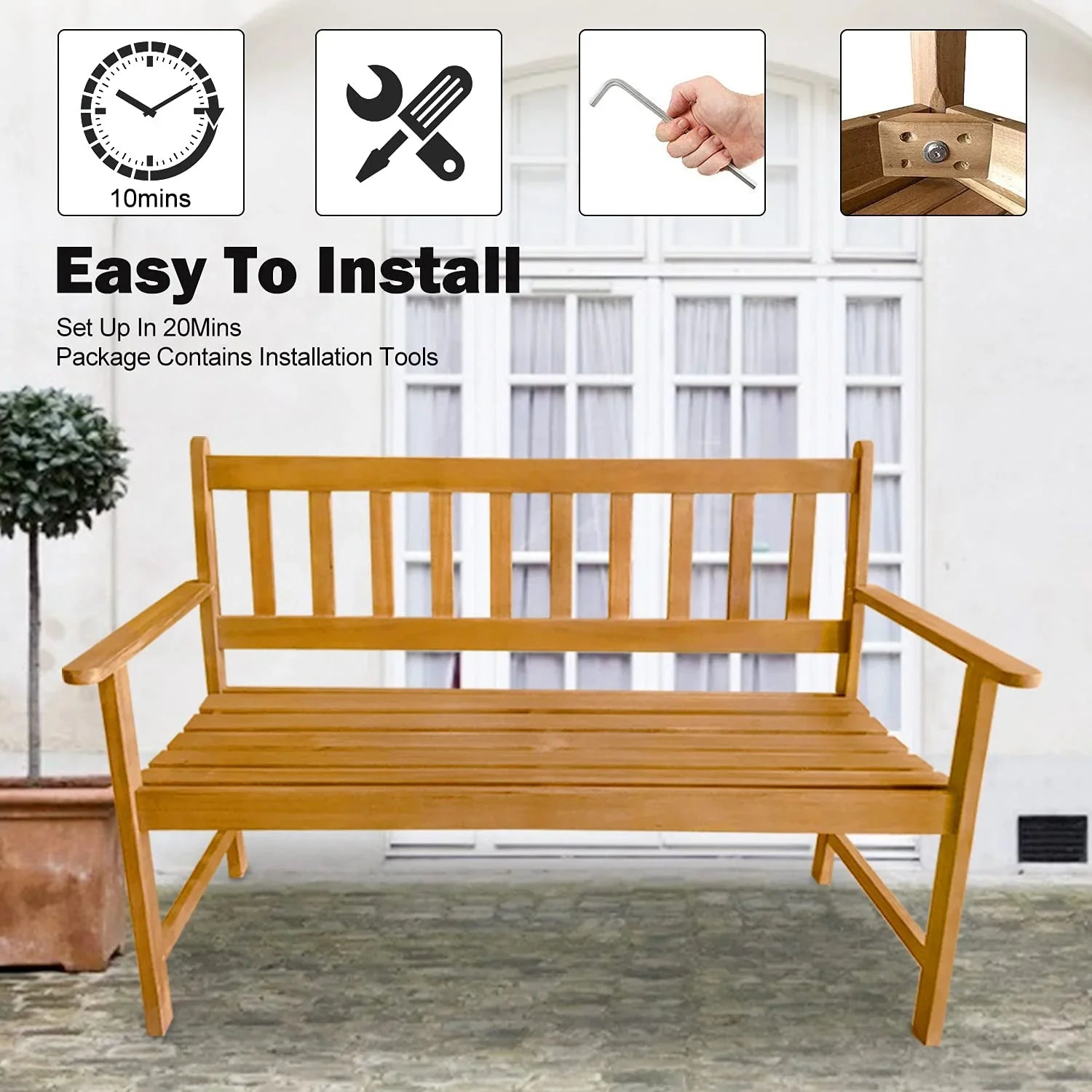 Outdoor Patio Bench Wood Garden Bench Park Bench Acacia Wood for Pool Beach Backyard Balcony Porch Deck Garden Wooden Furniture Outdoor Wood Bench (Natural)