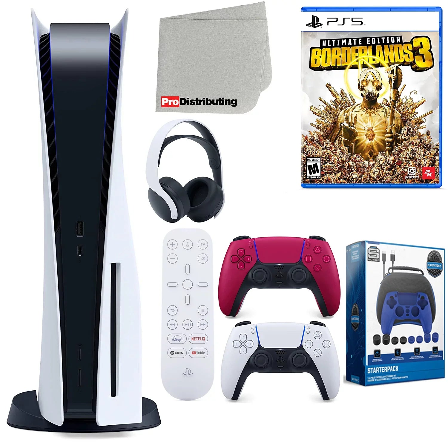 Playstation 5 Disc Version ( PS5 Disc) with Cosmic Red Extra Controller, Headset, Media Remote, Borderlands 3 Ultimate Edition, Accessory Starter Kit and Microfiber Cleaning Cloth Bundle