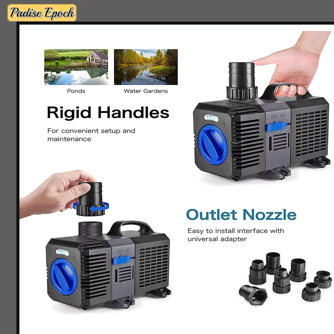 Pond Pump Submersible (800GPH) Adjustable Flow Inline Aquarium Fountain Liquid Koi Fish Salt Fresh Fluid Filter with Set of Outlet Adapter