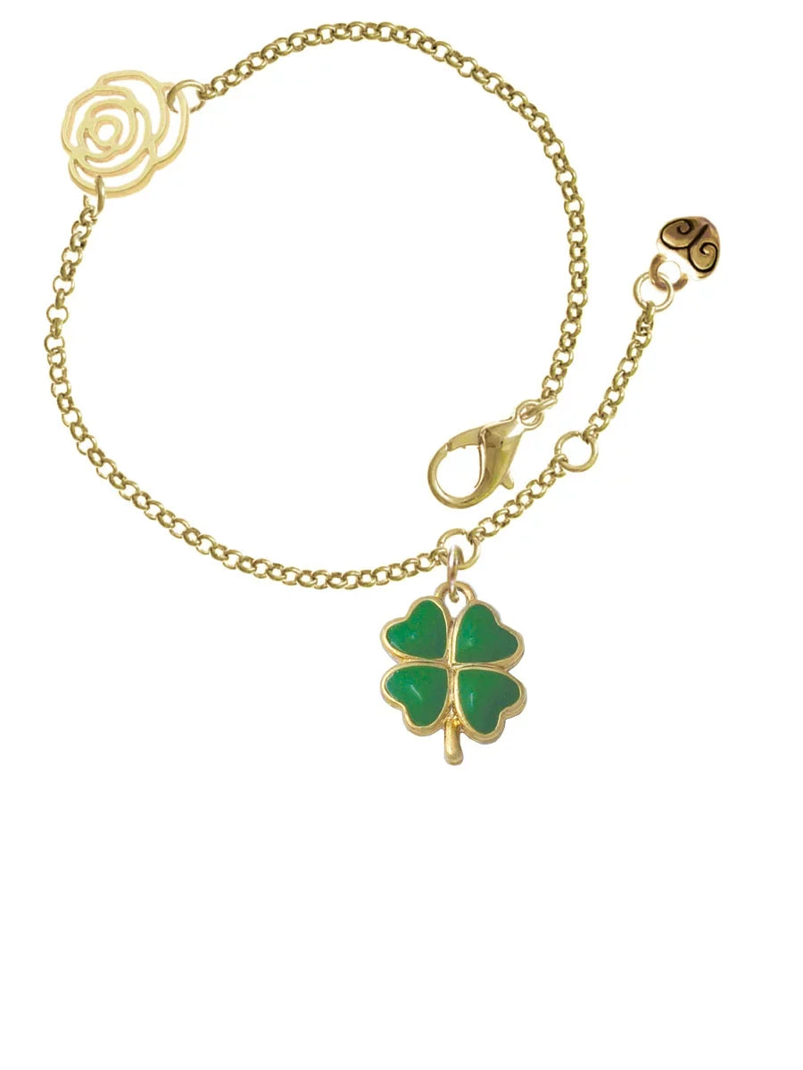 Delight Jewelry Goldtone Opaque Green Lucky Four Leaf Clover Gold-tone Rose Link Chain Bracelet, 6.25"+1.75" Extender