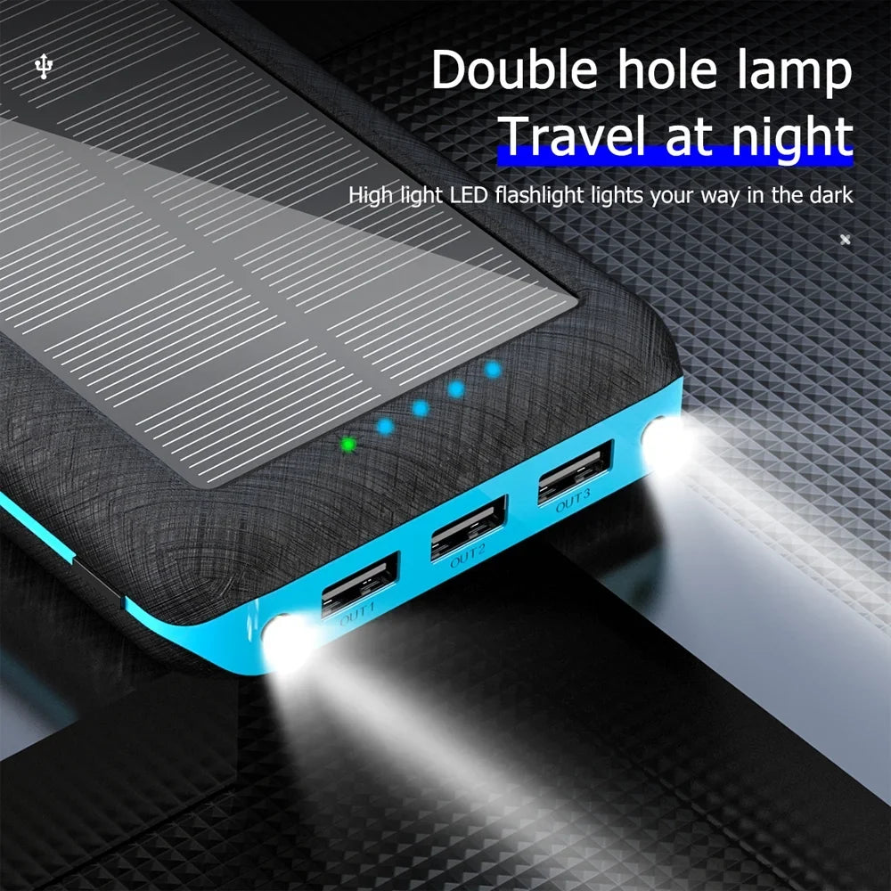 Ponyta Solar Power Bank 20000mAh Portable Charger 3 USB Large Capacity Mobile Power Supply with Dual LED Lights Xmas Decor