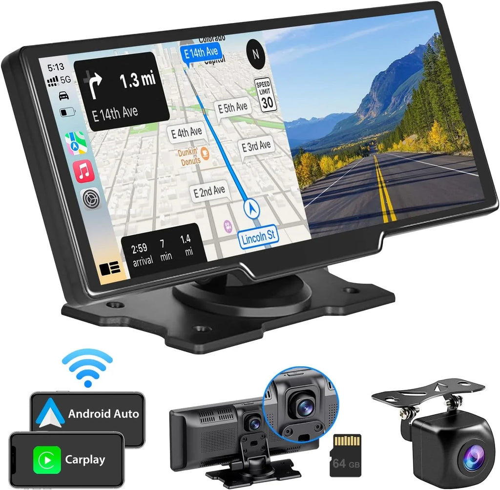 CAIHONG Portable Wireless Carplay Car Stereo with 2.5K Dash Cam - 9" HD IPS Display Android Auto, 1080p Backup Camera, Loop Recording, Bluetooth, GPS Navigation Head Unit, Car Radio Receiver