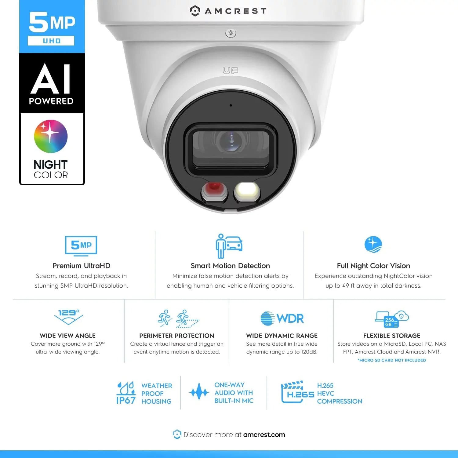 Amcrest AI Turret IP PoE Camera w/ 164ft Nightvision, Security IP Camera Outdoor, Built-in Microphone, Human & Vehicle Detection, 129° FOV, 5MP@20fps IP5M-T1277EW-AI
