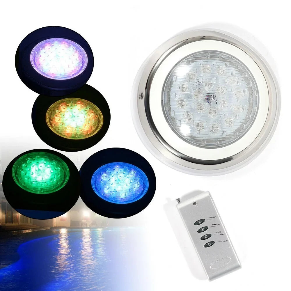 12V 54W RGB Liquid Swimming Pool Light 7 Color-Change LED Lights w/Remote IP68 Fluid Stainless Steel
