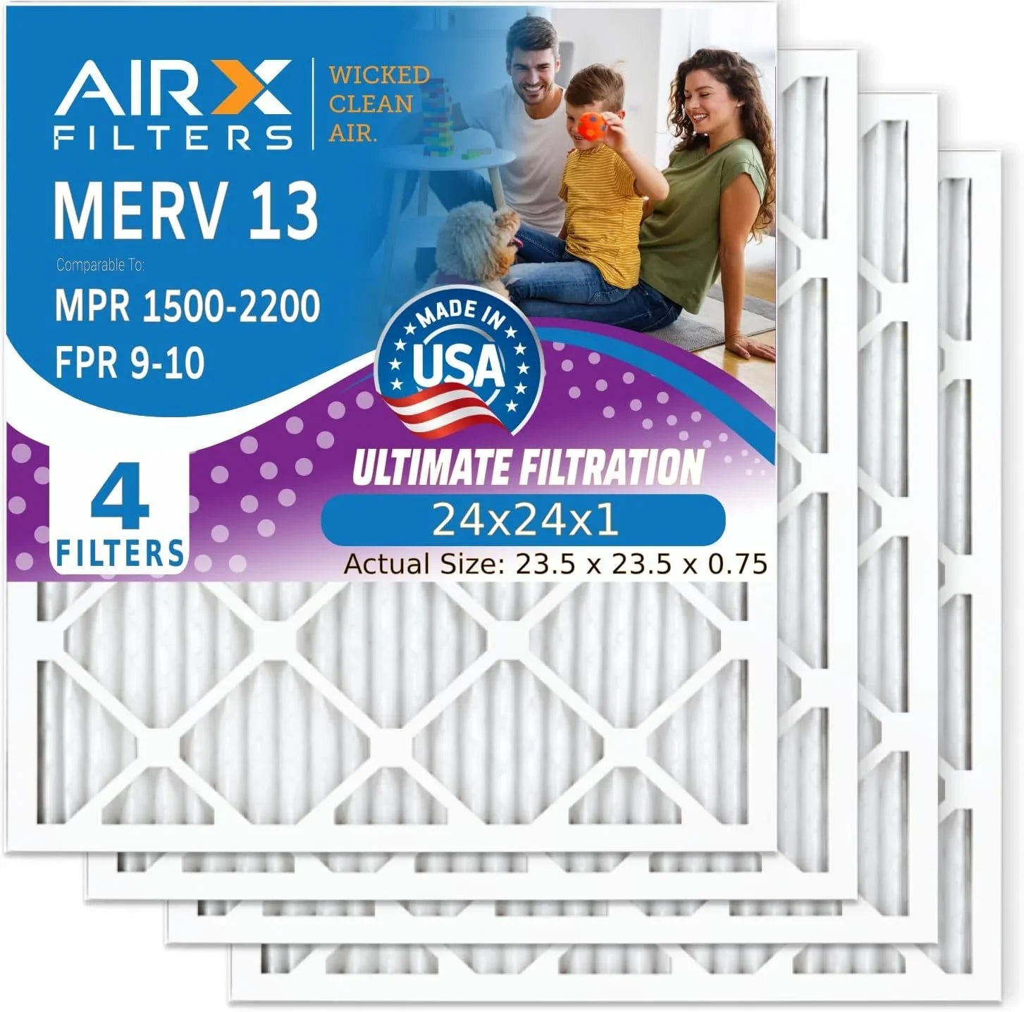24x24x1 Air Filter MERV 13 Comparable to MPR 1500 - 2200 & FPR 9 Electrostatic Pleated Air Conditioner Filter 4 Pack HVAC AC Premium USA Made 24x24x1 Furnace Filters by AIRX FILTERS WICKED CLEAN AIR.