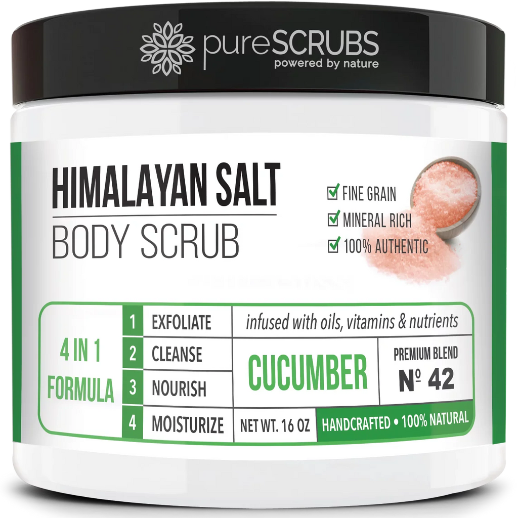 pureSCRUBS Premium Pink Himalayan Salt Body Scrub Set- Large 16oz CUCUMBER BODY SCRUB - Second-hand With Organic Essential Oils & Nutrients + FREE Wooden Spoon, Loofah & Mini Exfoliating Bar Soap