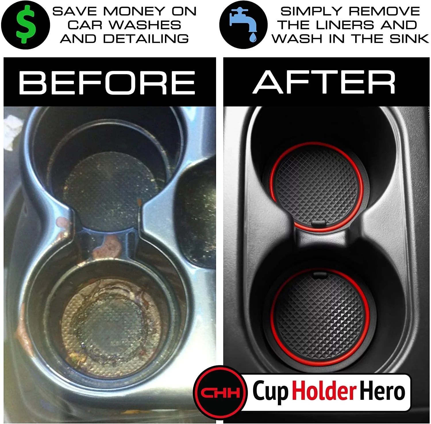 CupHolderHero fits Jeep Wrangler JK Accessories 2007-2010 Premium Interior Non-Slip Anti Dust Cup Holder Inserts, Center Console Liner Mats, Door Pocket Liners 11-pc Set (2007-2010) (Red Trim)