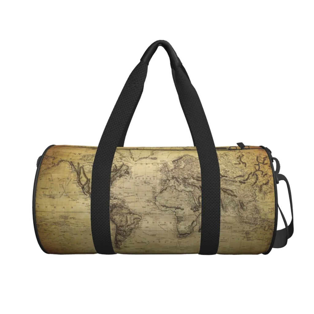 Coaee Vintage World Map Large Capacity Travel Luggage Bag Cylinder Gym Bag Liquid Sports Bag with Pocket and Compartment