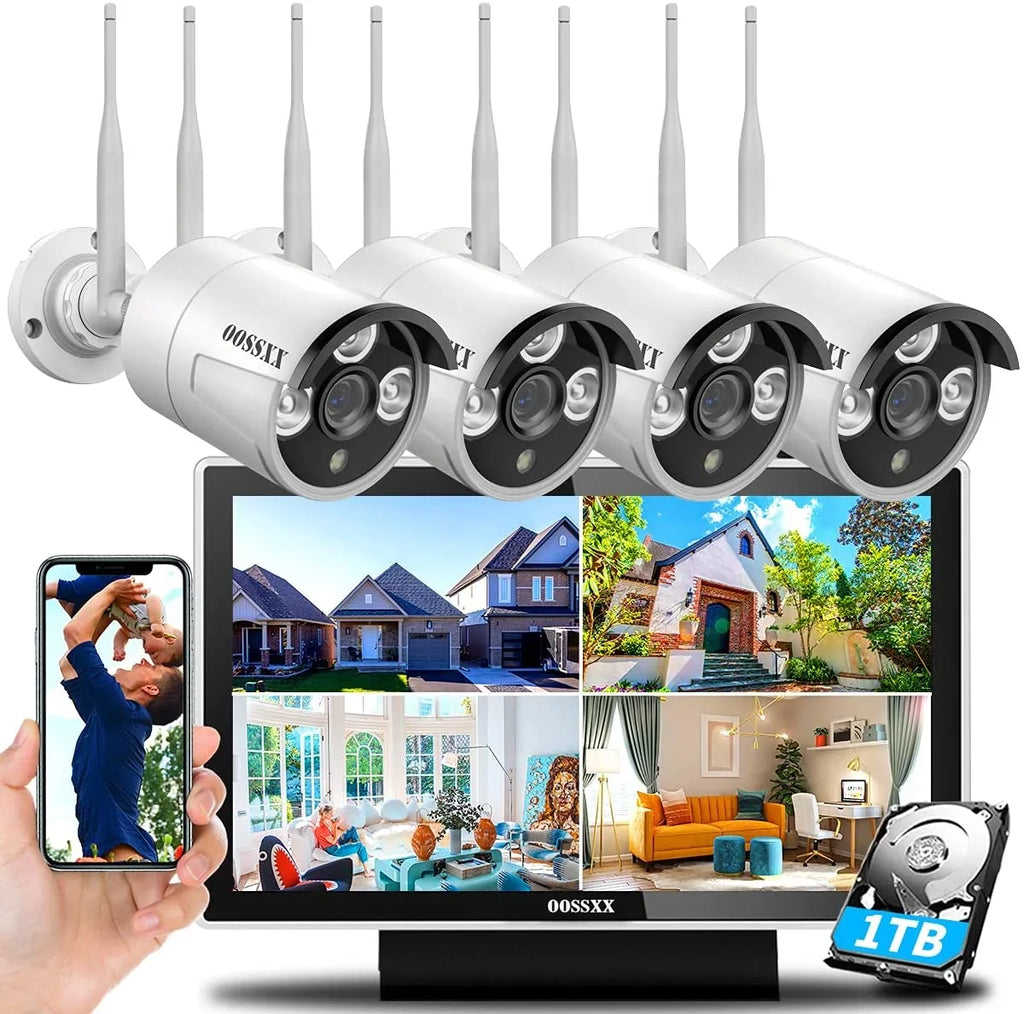 【8CH Expandable·Audio】 All in One Monitor Wireless Security Camera System,Home Surveillance Video Camera Kits with 10" HD Monitor Outdoor/Indoor CCTV WiFi Cameras,1TB HDD, Fluid View