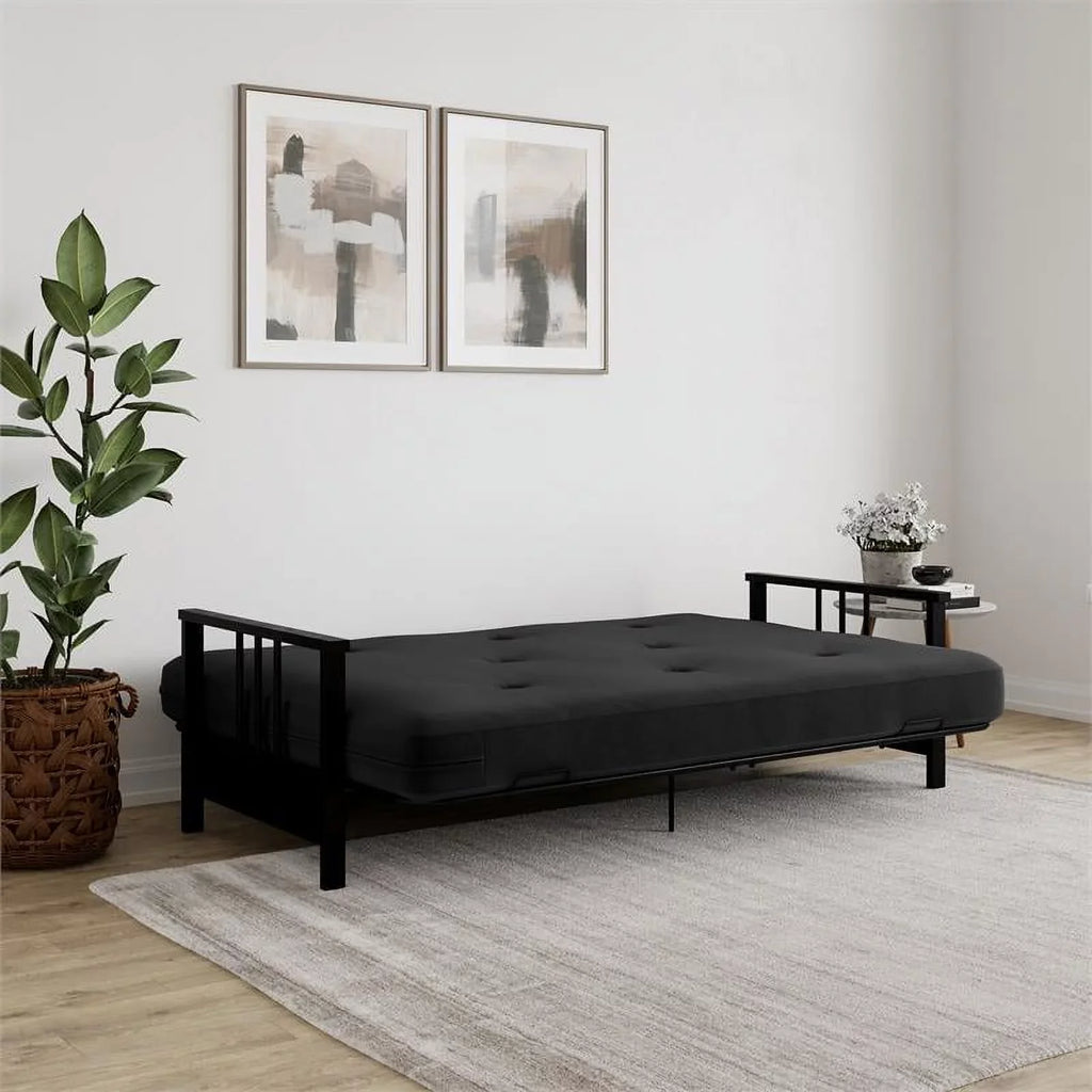 DHP Tallie Full Metal Arm Futon with 6" Thermobonded Black Microfiber Mattress