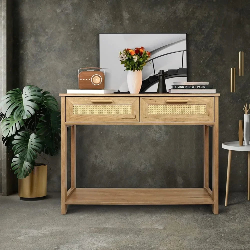 Console Table with 2 Drawers, Entrance Table with Open Storage Rack, Minimalist Style Table for Office, Bedroom, and Restaurant