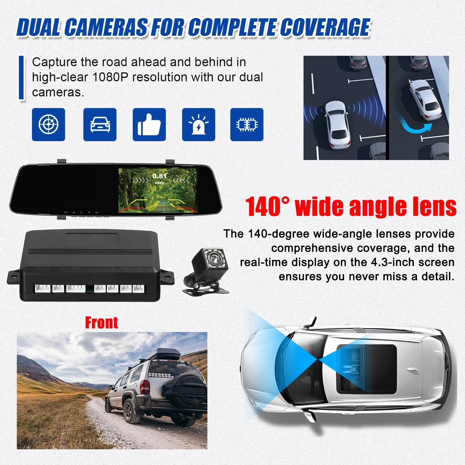 Dazzduo Dash Camera,Dash Camera Rear Dual Camera Dual Camera 4.3 Radars Rear Dual Inch Display Support Reverse Radars Rear 4.3 Inch Monitor 1080P DVR Dash Camera 4.3 Inch 4 Reverse Radars Rear 1080P 4