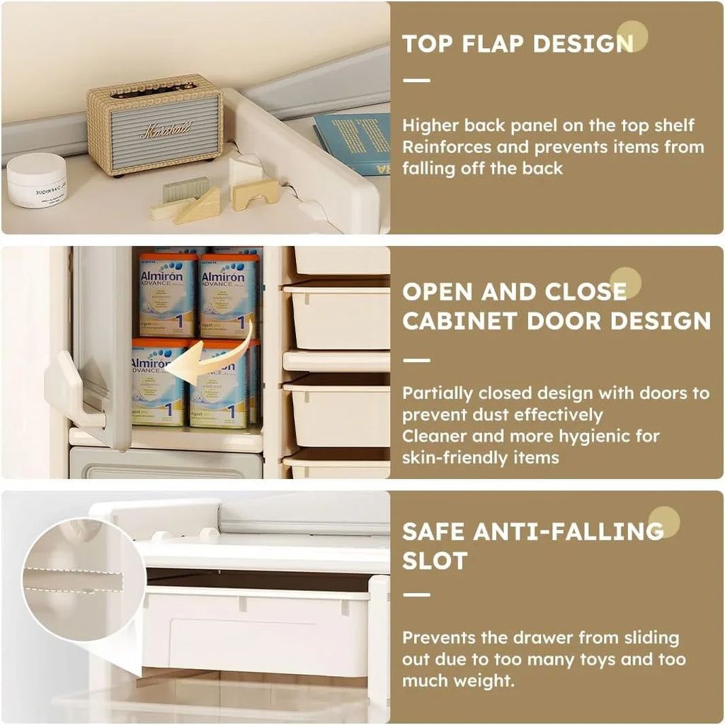 RUNFAYBIU Toy Organizer Multi-Functional Bookshelf and Toy Box Closed Cabinet and Pull-Out Drawer for Playroom Children's Bedroom and Nursery. (10 Organizer Boxes + 2 Organizer Cab