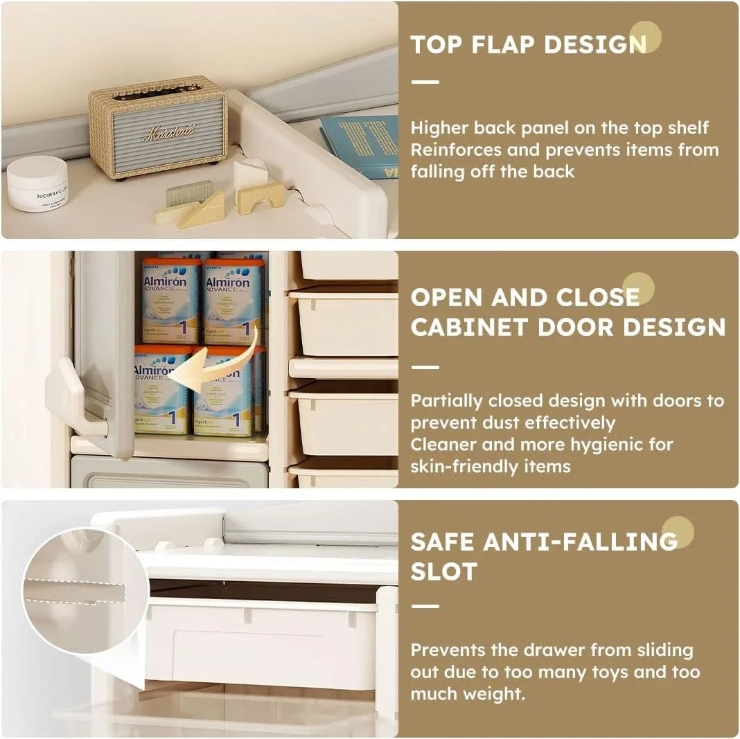 RUNFAYBIU Toy Organizer Multi-Functional Bookshelf and Toy Box Closed Cabinet and Pull-Out Drawer for Playroom Children's Bedroom and Nursery. (10 Organizer Boxes + 2 Organizer Cab