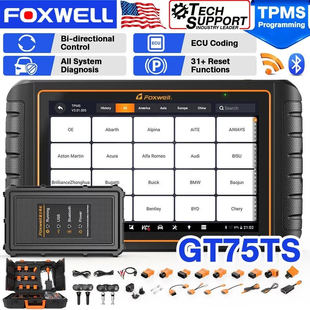 FOXWELL GT75TS Automotive Bi-Directional Control Diagnostic Scan Tool Car TPMS Service Tool OBD2 Scanner Full Systems ECU Coding Actuation Test Code Reader EOBD OBD Scan 30+ Resets Free Update