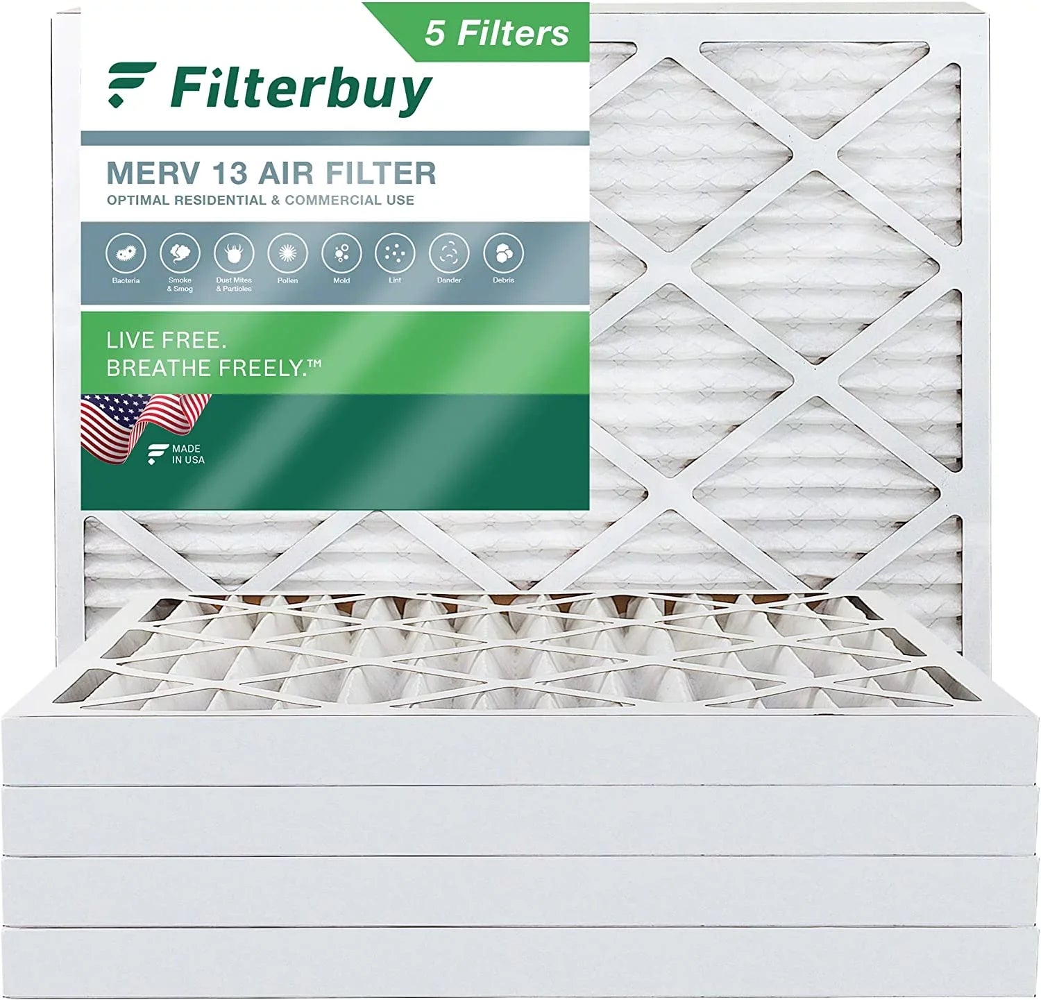Filterbuy 16x20x2 MERV 13 Pleated HVAC AC Furnace Air Filters (5-Pack)