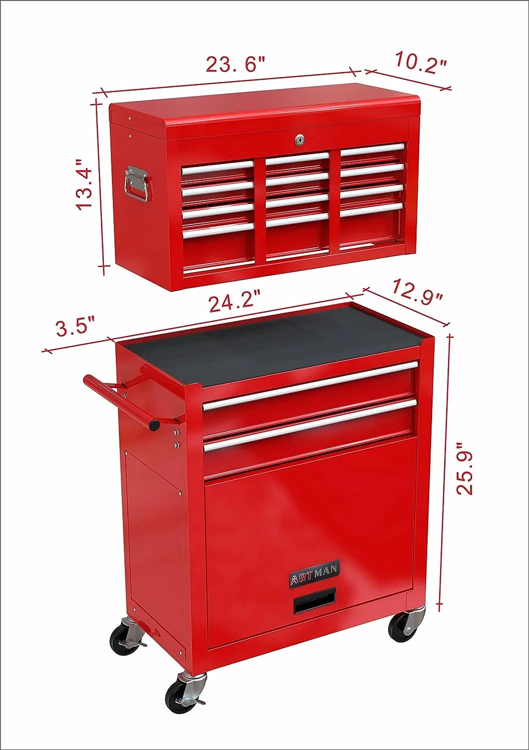 LoLado 8 Drawer Rolling Tool Chest with Wheels, High Capacity Tool Storage Cabinet & Tool Box Cart, Lockable Rolling Tool Chest with Drawers, Toolbox Organizer for Garage Warehouse Workshop - Red