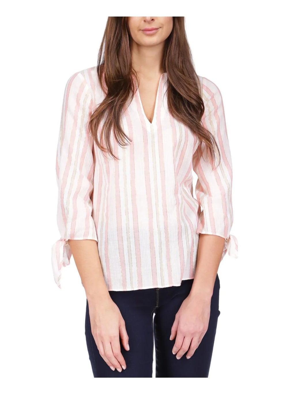 MICHAEL KORS Womens Orange Sheer Tie Cuffs Unlined Round Hem Striped 3/4 Sleeve V Neck Top L