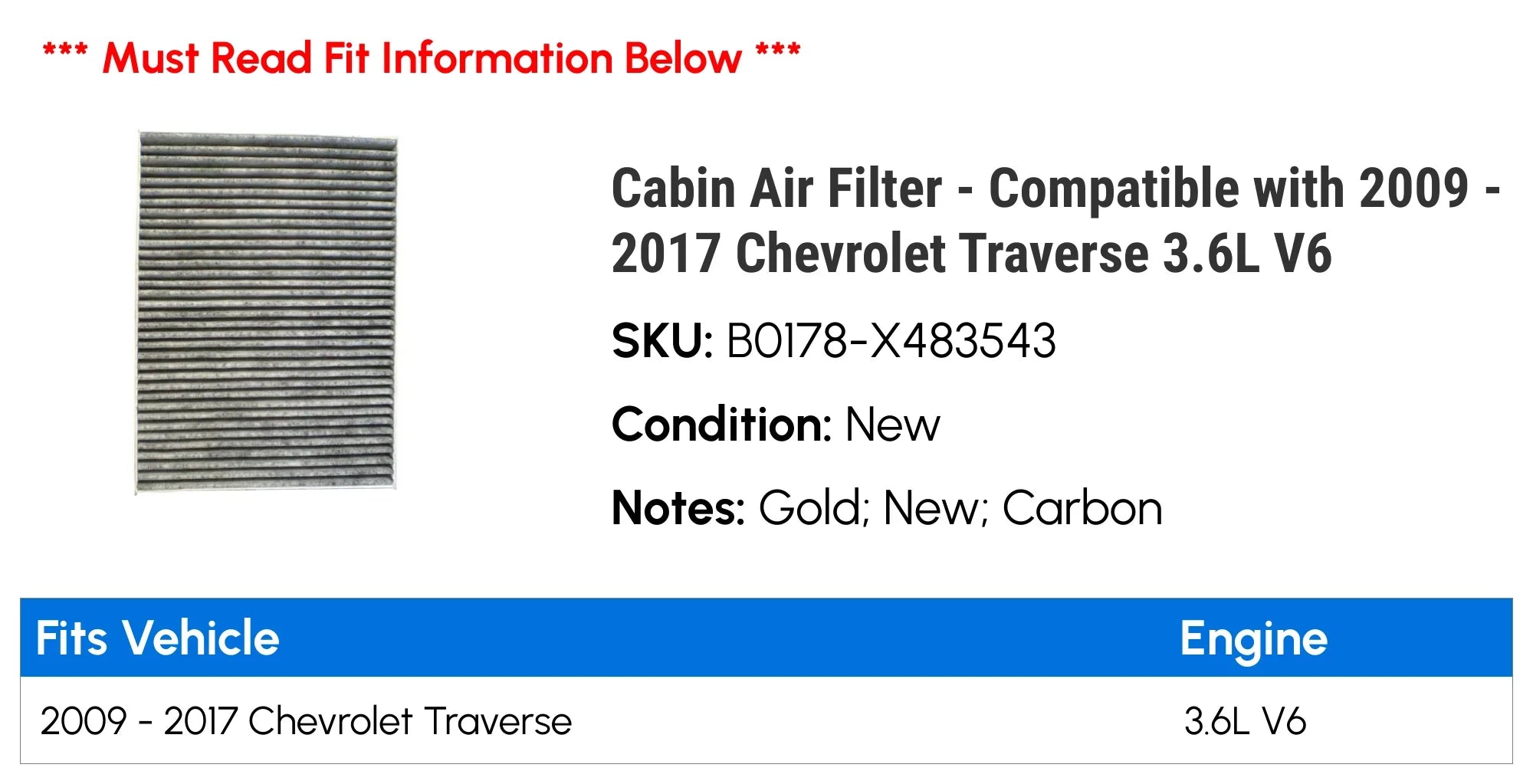 Cabin Air Filter - Compatible with 2009 - 2017 Chevy Traverse 3.6L V6 2010 2011 2012 2013 2014 2015 2016