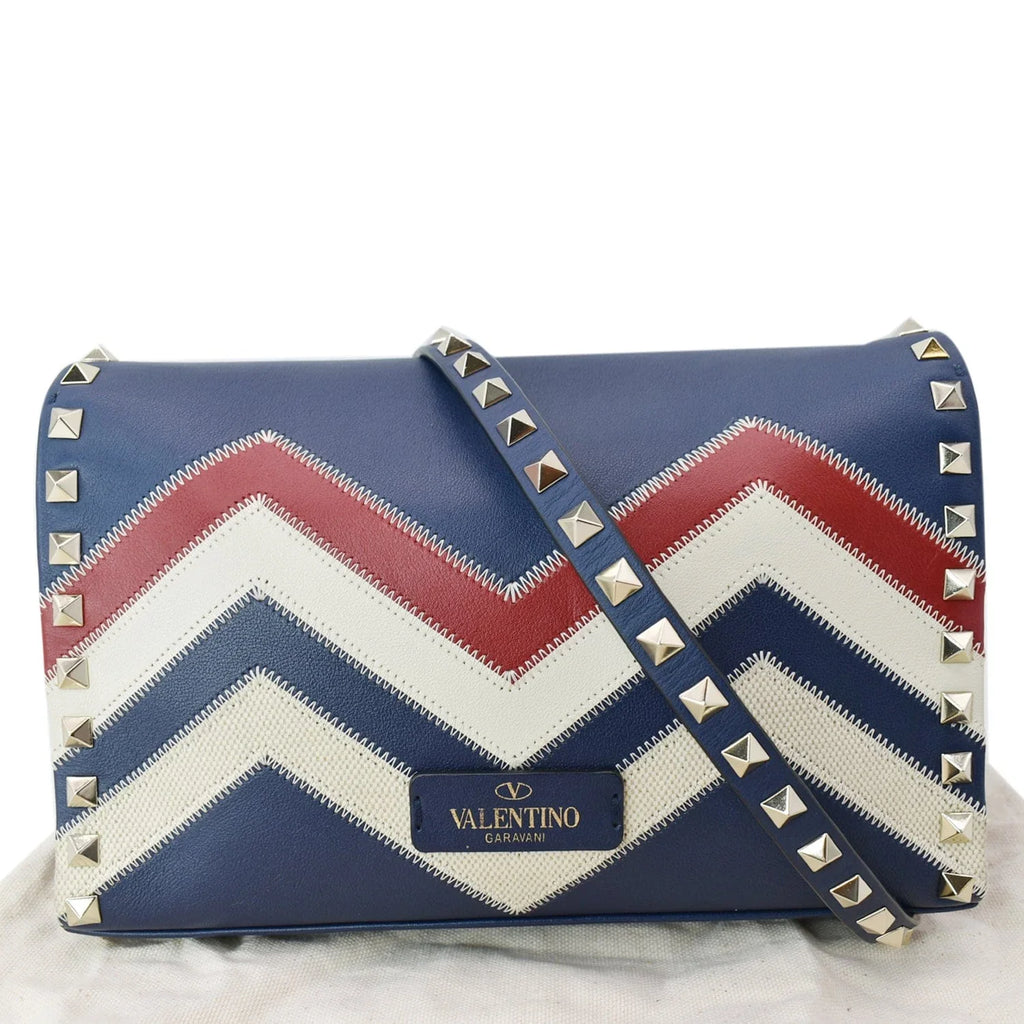 Pre-owned VALENTINO Garavani Rockstud Chevron Print Leather Crossbody Bag Multicolor