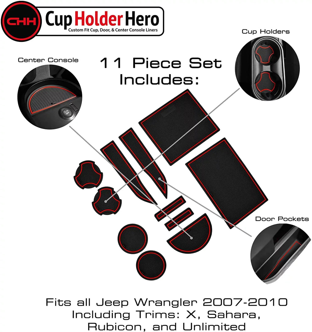CupHolderHero fits Jeep Wrangler JK Accessories 2007-2010 Premium Interior Non-Slip Anti Dust Cup Holder Inserts, Center Console Liner Mats, Door Pocket Liners 11-pc Set (2007-2010) (Red Trim)
