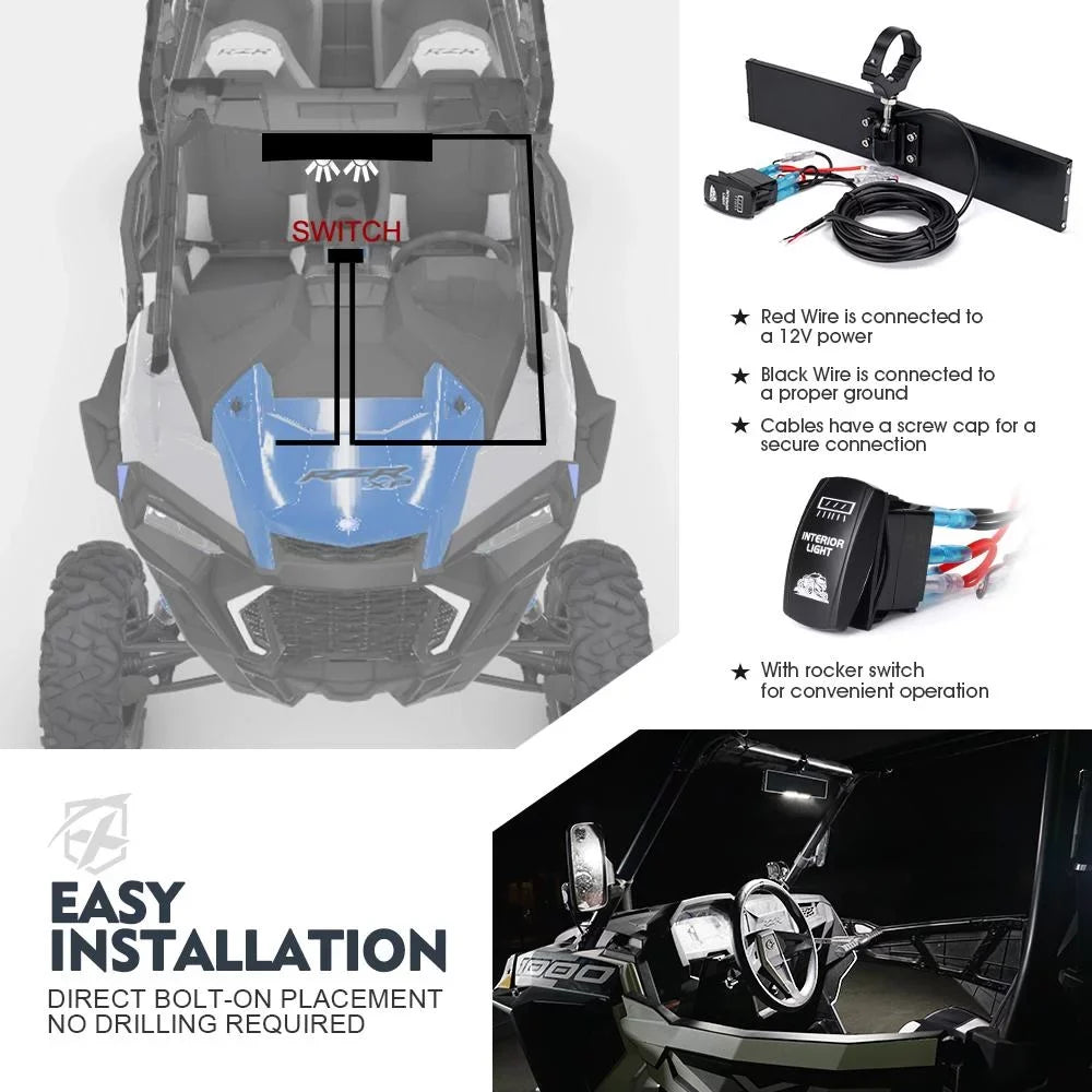 Xprite 13" Curved UTV Rear View Mirror w/ Integrated LED Lights & Switch for 1.75"-2" Rollbars