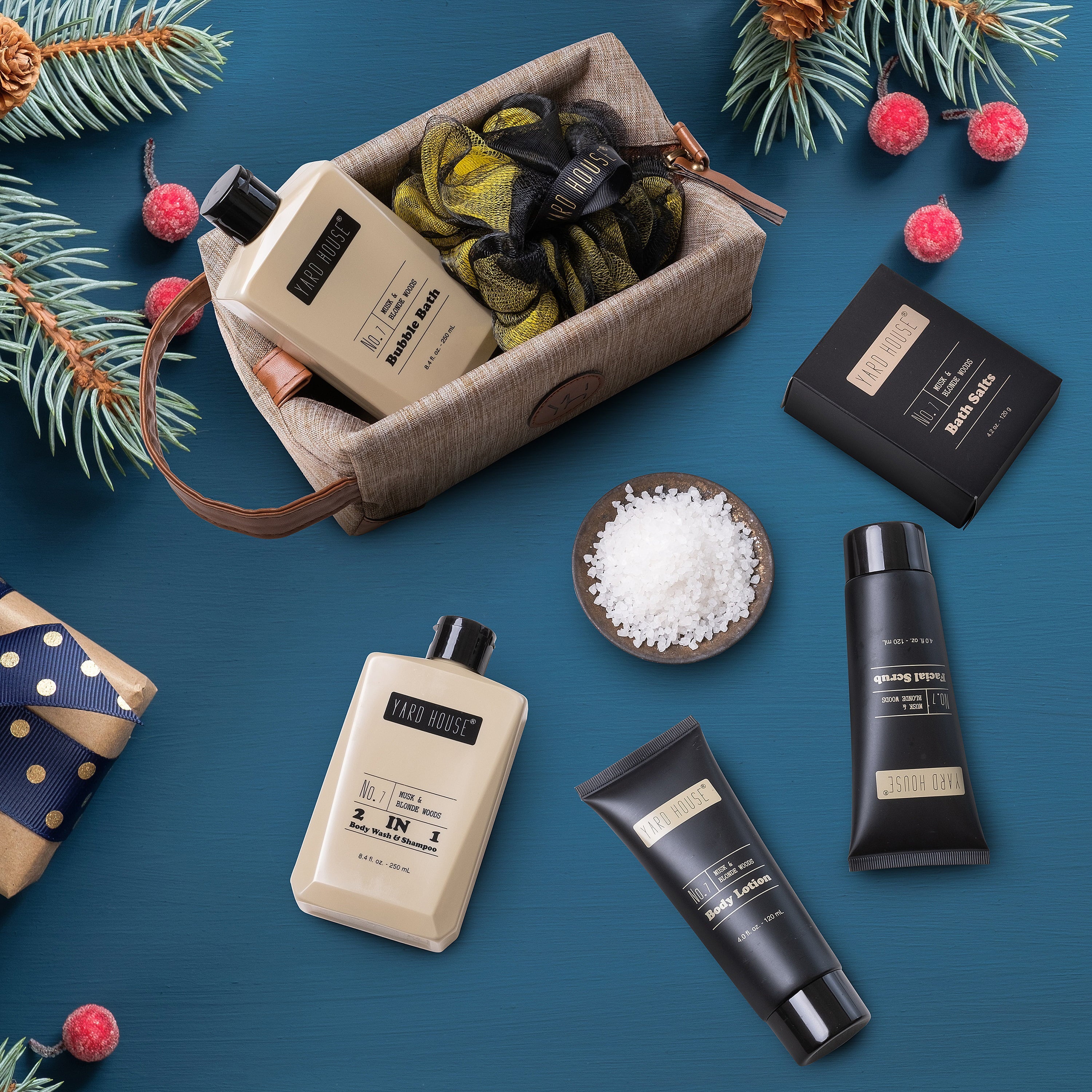 Yard House Mens Bath and Body Gift Set - Musk and Blonde Woods Scented Luxury Spa Gifts Basket for Him in Toiletry Bag-Full Size Bubble Bath, Bath Salts, Body Wash, Facial Scrub, Lotion, Shower Puff