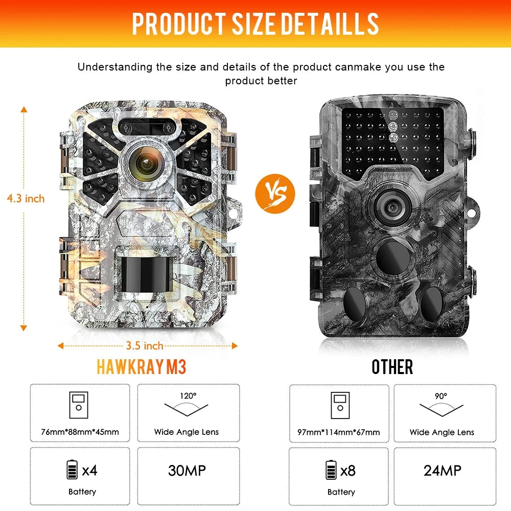 Trail Camera, 30MP 2k Game Camera with Infrared Night Vision Wildlife Surveillance, Farm Monitoring, Liquid Hunting Trail Monitor with 120° Wide Angle Lens