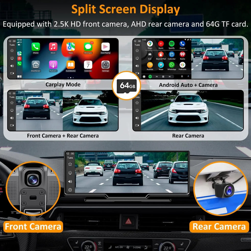 CAIHONG Portable Wireless Carplay Car Stereo with 2.5K Dash Cam - 9" HD IPS Display Android Auto, 1080p Backup Camera, Loop Recording, Bluetooth, GPS Navigation Head Unit, Car Radio Receiver
