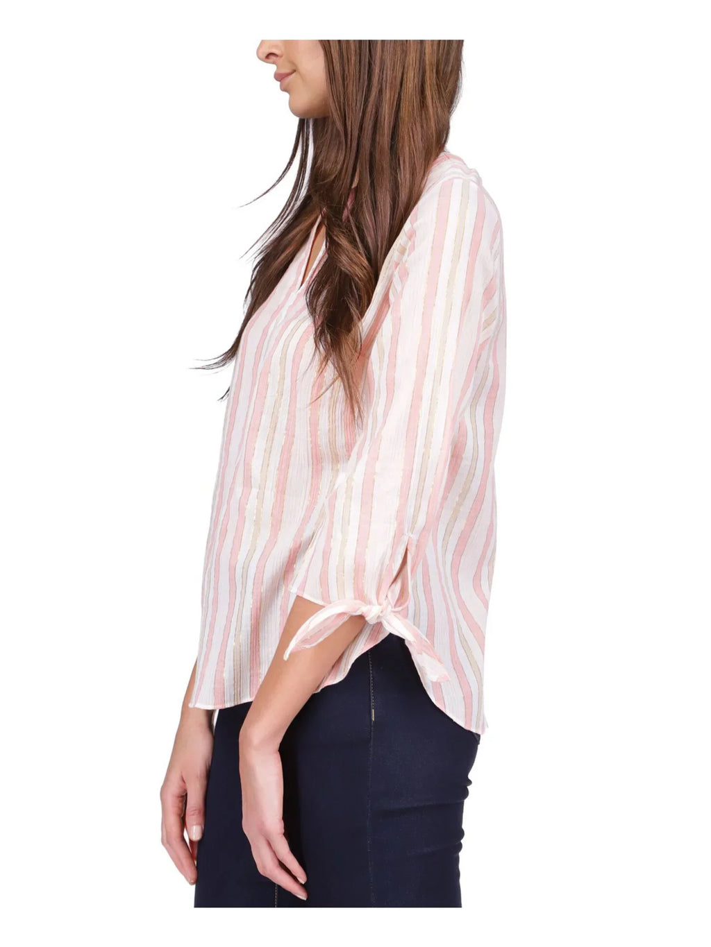 MICHAEL KORS Womens Orange Sheer Tie Cuffs Unlined Round Hem Striped 3/4 Sleeve V Neck Top L