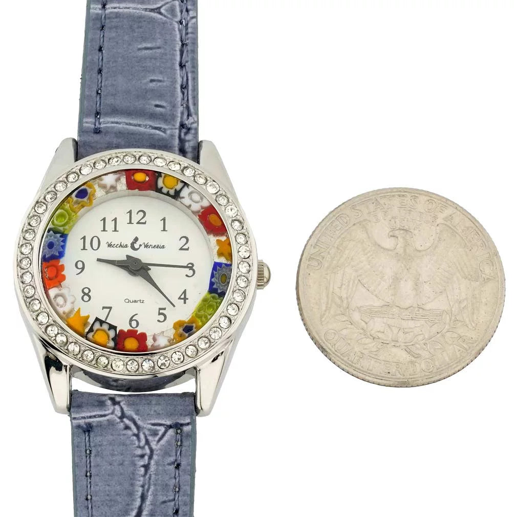 GlassOfVenice Murano Glass Watch Millefiori And Crystals With Leather Band - Light Blue