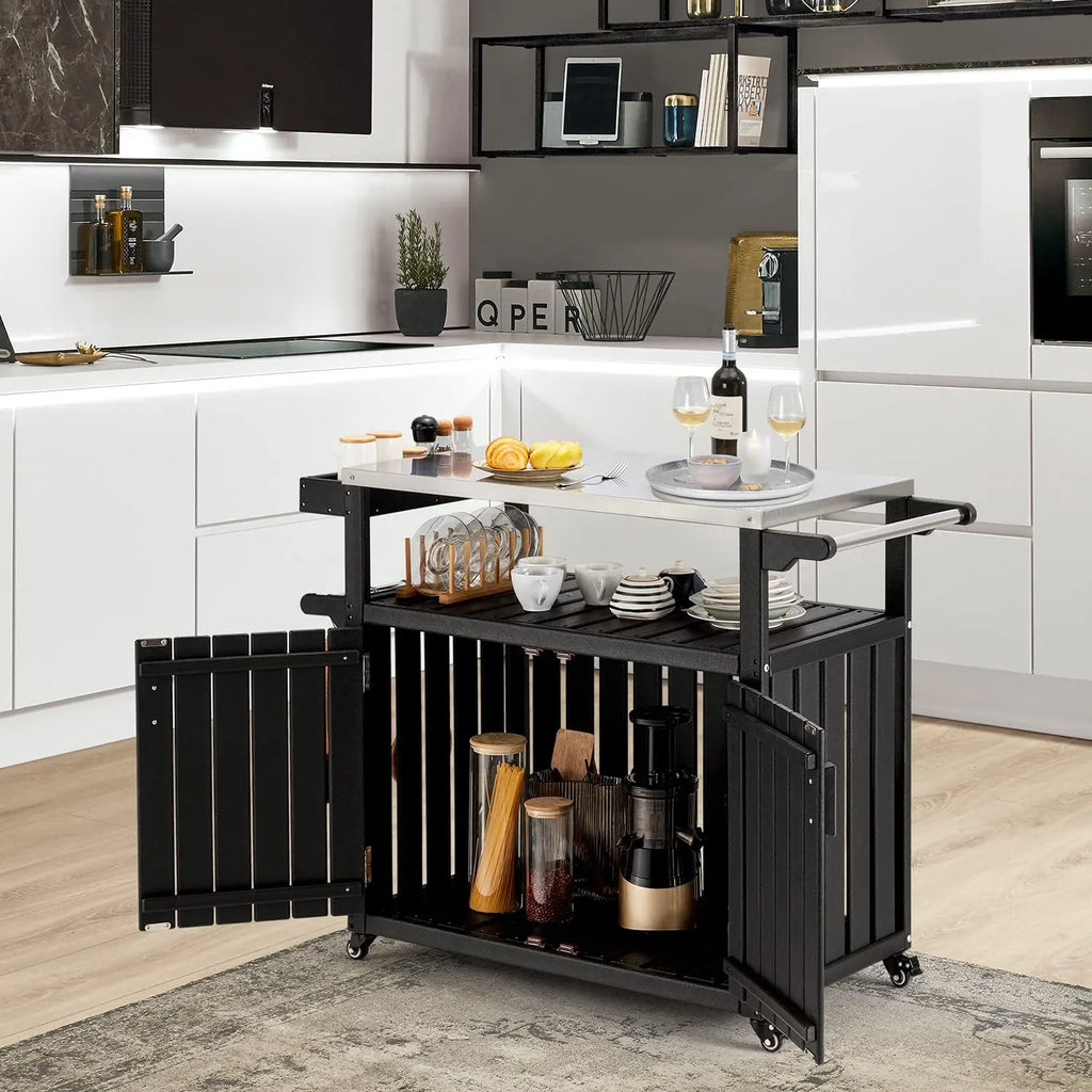 Kitchen Cart, HDPE Kitchen Island With Stainless Steel Top And Storage Cabinet, Rolling Island Table With Hooks, Spice Rack, Towel Rack, Black