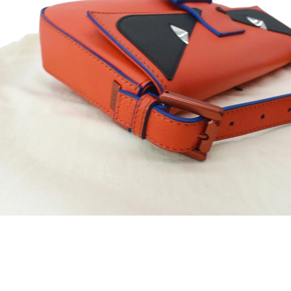 Pre-owned FENDI Monster Eye Baguette Calfskin Leather Crossbody Bag Orange