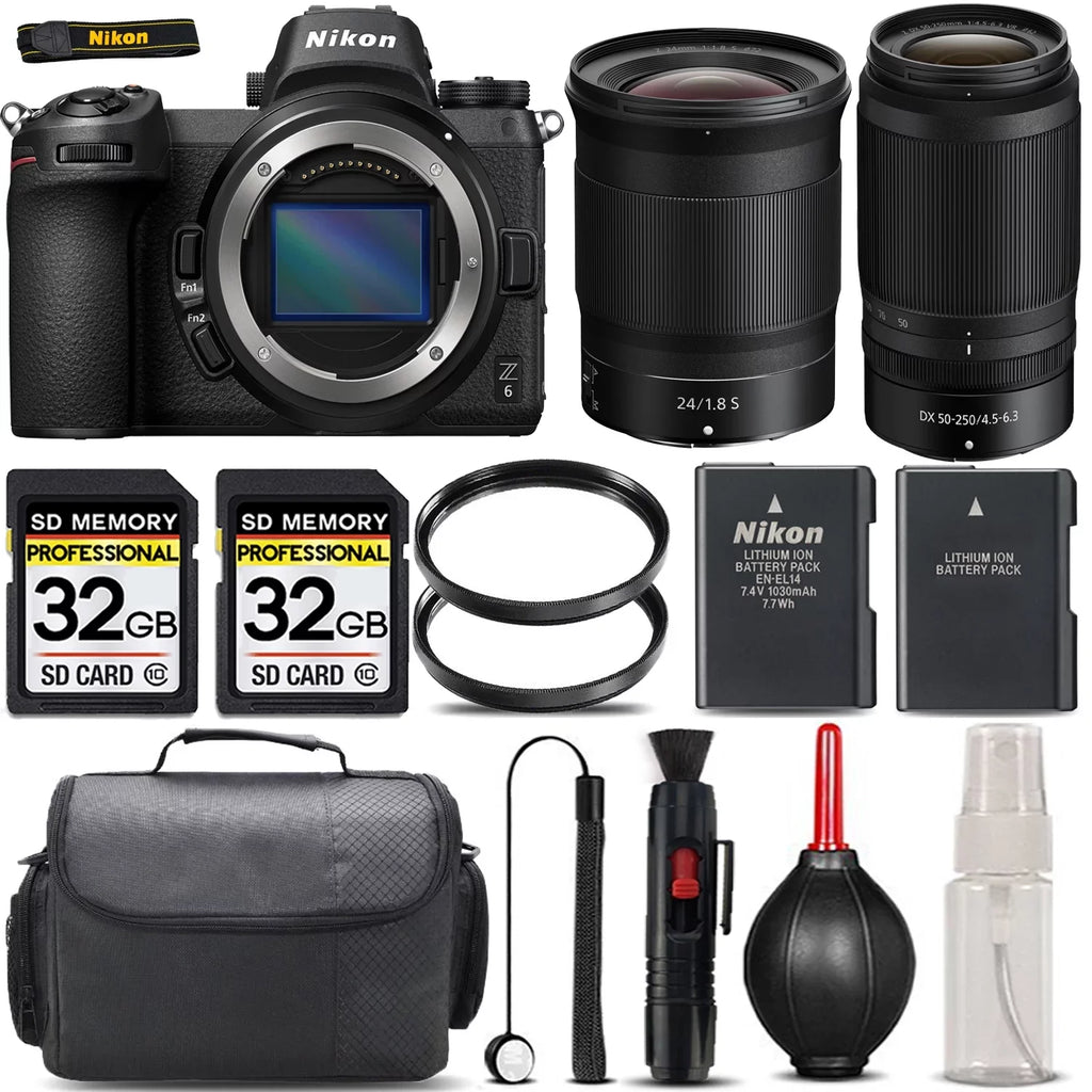 Z6 Mirrorless with 50-250mm f/4.5-6.3 VR Lens + 24mm f/1.8 S Lens + 64GB Storage + UV Filter + Backup Battery + Case + Cleaning Kit - International Version