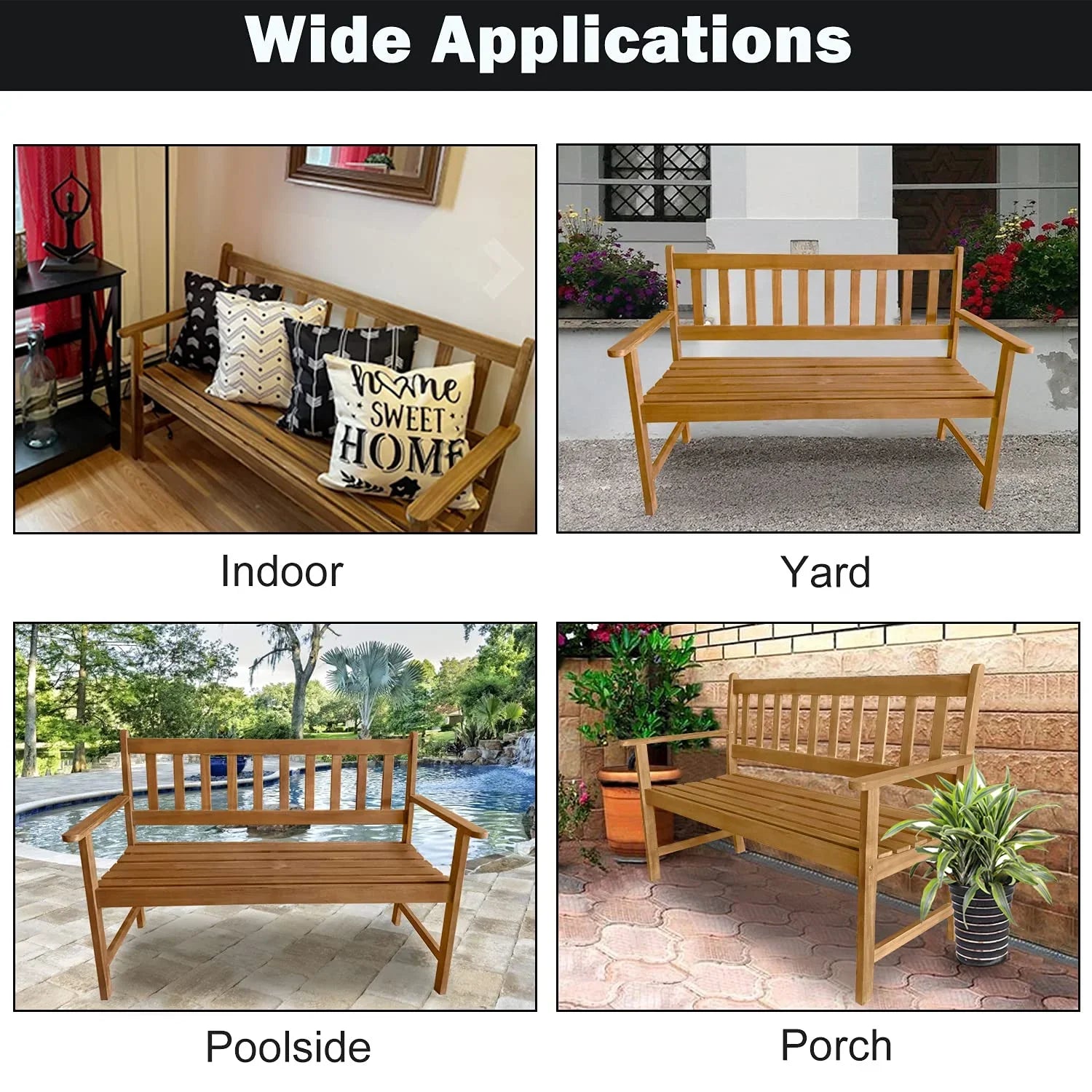 Outdoor Patio Bench Wood Garden Bench Park Bench Acacia Wood for Pool Beach Backyard Balcony Porch Deck Garden Wooden Furniture Outdoor Wood Bench (Natural)