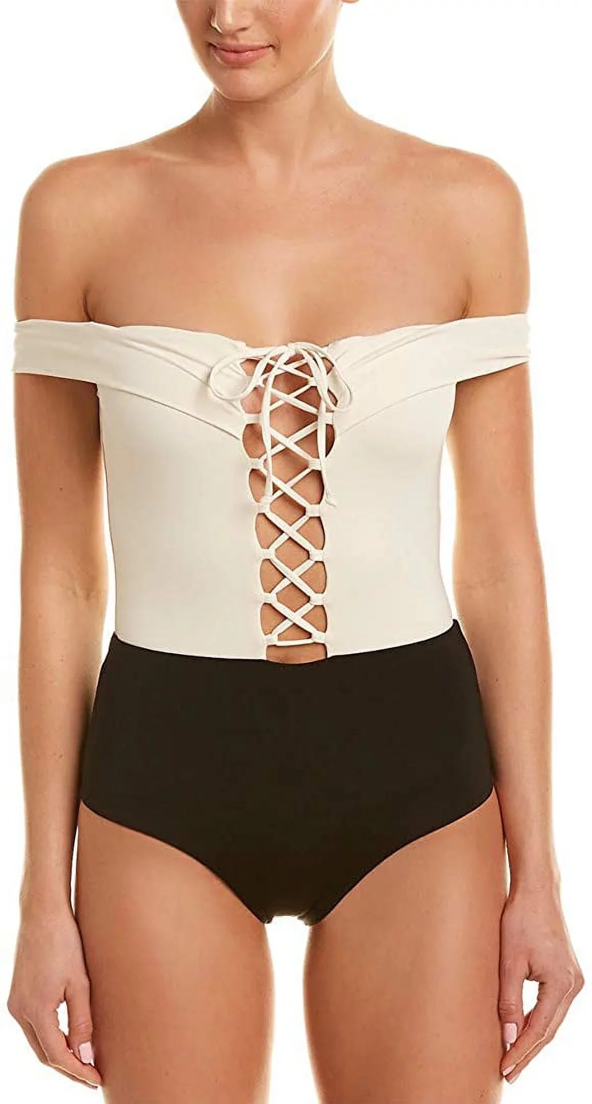 L*Space CREAM/BLACK/CAMEL Off-the-Shoulder One Piece Swimsuit, US 8
