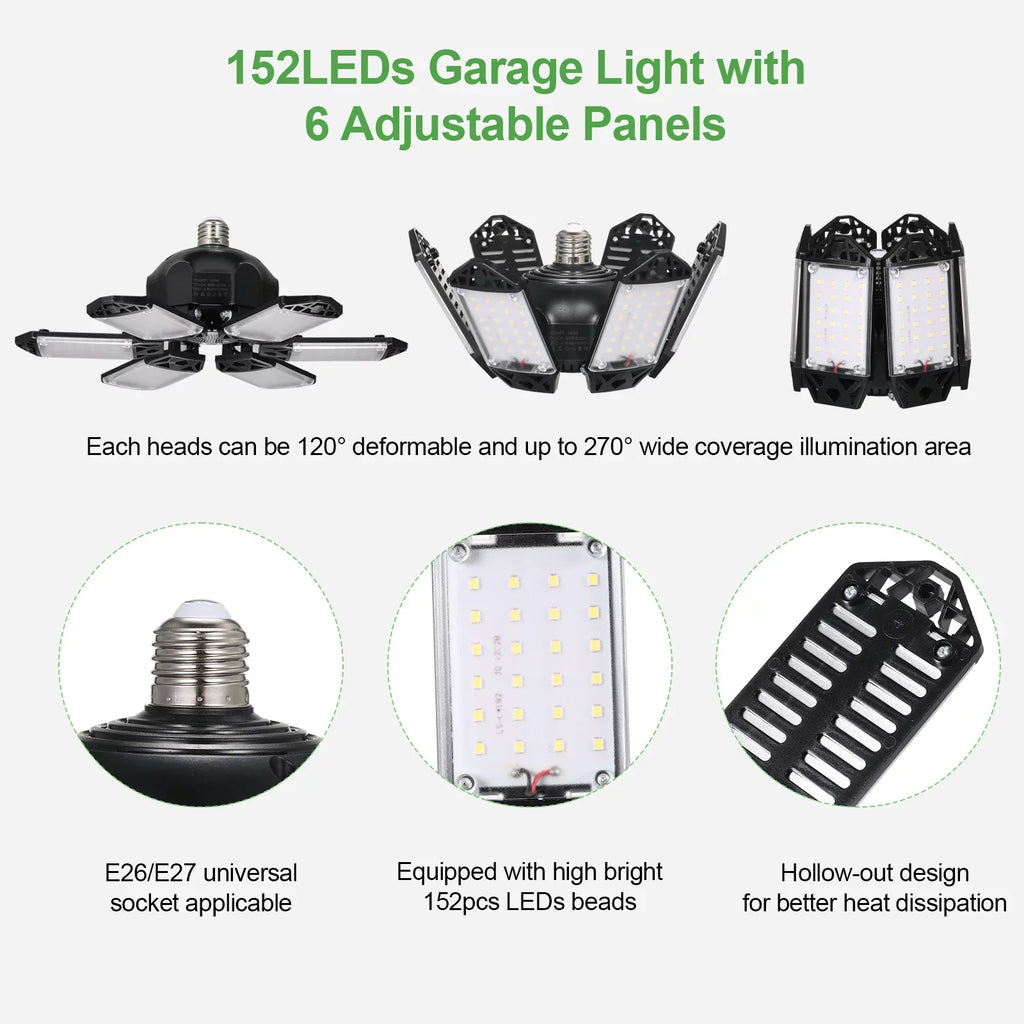 Neoglint 2PCS A C85-265V 160W 152LEDs Garage Light with 6 Adjustable Panels Deformable Folding Foldable Ceiling Lamp E26/E27 Base Socket Holder for Garage Warehouse Workshop Basement Gym Kit