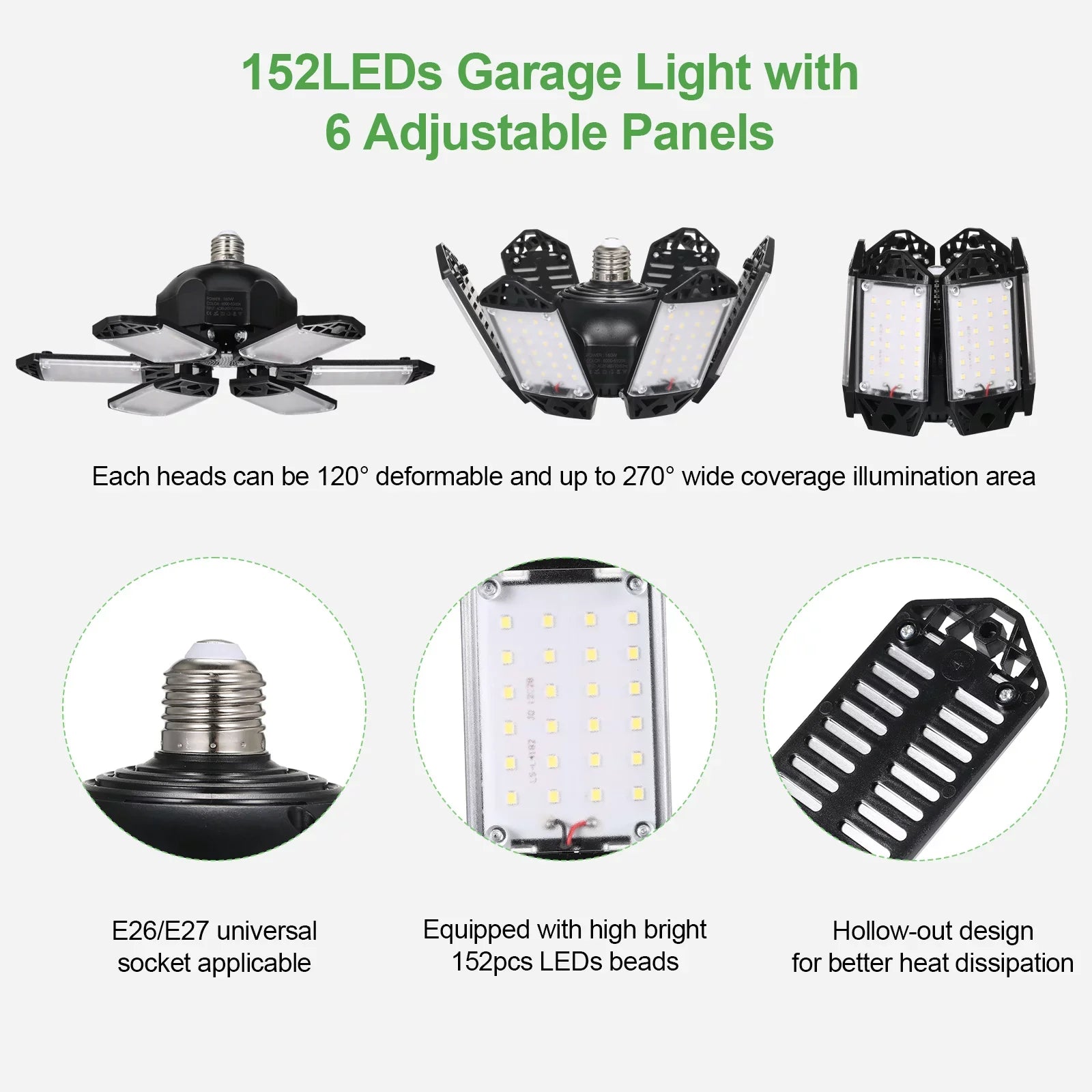 Neoglint 2PCS A C85-265V 160W 152LEDs Garage Light with 6 Adjustable Panels Deformable Folding Foldable Ceiling Lamp E26/E27 Base Socket Holder for Garage Warehouse Workshop Basement Gym Kit